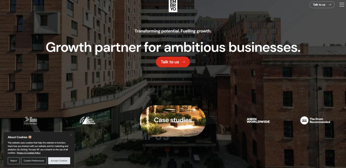 Embryo website — Manchester data-led growth marketing agency homepage