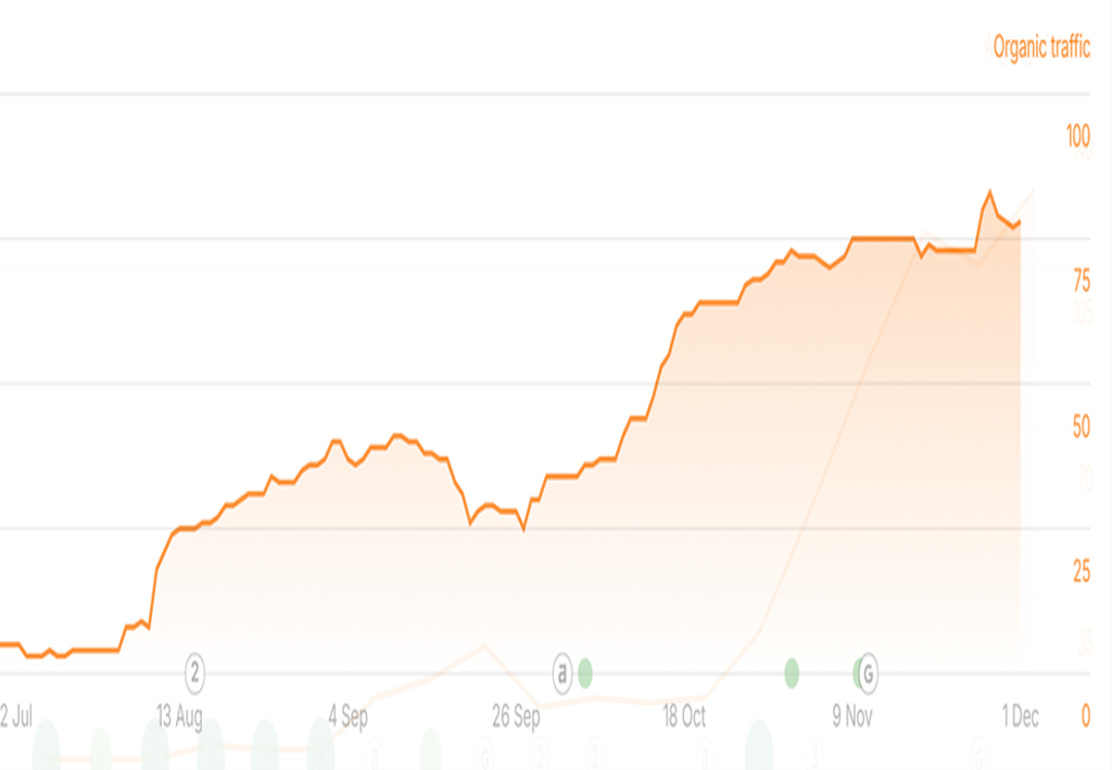 Ahrefs chart showing organic traffic growth from near zero to 100 monthly visitors for a Manchester local service business
